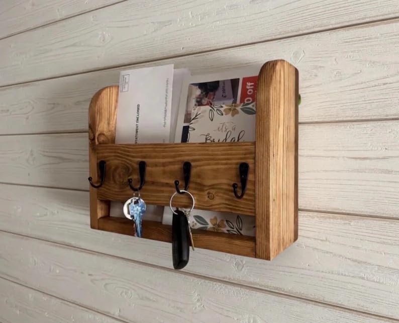 NBMFGD Rustic Wood Wall Mounted Key Holder with Mail Organizer, Farmhouse Entryway Key Hooks with Mail Sorter, Wooden Key Rack with 4 Hooks for Hallway Living Room