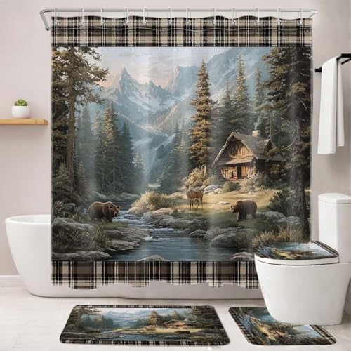 MASLEK 4 Piece Bear Deer Shower Curtain Set, Rustic Cabin Bathroom Decor | 72W x 72L Inches; includes shower curtain, bath mat, contour rug, toilet lid cover and 12 hooks for cabin bathrooms. - color: Black Brown