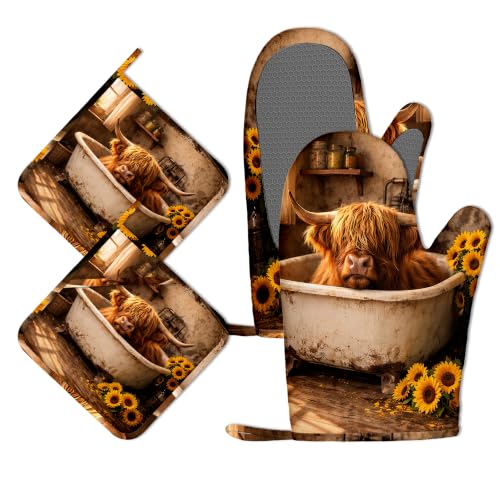 Highland Cow Sunflower Oven Mitts and Pot Holders Sets Silicone Kitchen Mitts Potholders Heat Resistant 4Pcs Oven Gloves Hot Pads for Kitchen Baking Cooking - color: Highland Cow Sunflower
