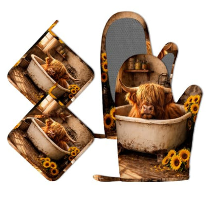 Highland Cow Sunflower Oven Mitts and Pot Holders Sets Silicone Kitchen Mitts Potholders Heat Resistant 4Pcs Oven Gloves Hot Pads for Kitchen Baking Cooking - color: Highland Cow Sunflower