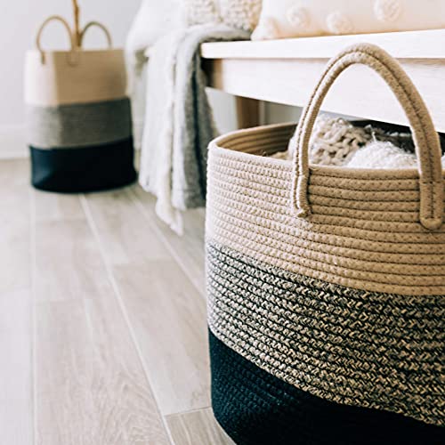 OrganiHaus Round Toy Basket & Blanket Basket, Cotton Rope 20x13" | 3-Toned Brown - Round Cotton Rope Basket, 20x13" - color: 3-toned Brown, size: Wide