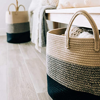 OrganiHaus Round Toy Basket & Blanket Basket, Cotton Rope 20x13" | 3-Toned Brown - Round Cotton Rope Basket, 20x13" - color: 3-toned Brown, size: Wide