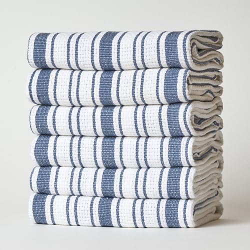 Kitchen Towels Set – Pack of 6 (20’’ x 30’’) Extra Large Premium Cotton Dish Towels for Kitchen – Basket Weave Towels – Absorbent – 100% Cotton – with Hanging Loop – Blue Grey - color: Blue Grey Multi Striped, size: Pack of 6