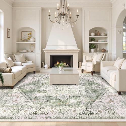 LIVEBOX Washable 9x12 Area Rugs, Large Rugs for Living Room Boho Soft Non-Slip Rug, Low-Pile Vintage Medallion Rug, Retro Indoor Carpet for Dining Room Bedroom Office Sage Green - color: Medallion Sage, size: 9' x 12' (Rectangular)