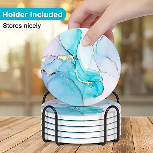 Coasters for Drinks, Set of 6 Cute Absorbent Ceramic Drink Coasters - color: Colorful Ink Marble