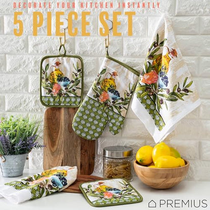 5 Piece Olive Oil & Branch Printed Kitchen Linen Set, 2 Cotton Towels,2 Potholders,1 Oven Mitt with Hanging Loop, 100% Cotton Material on Front & Polyester Backing, Perfect Kitchen Accessory - color: Olive Oil & Branch