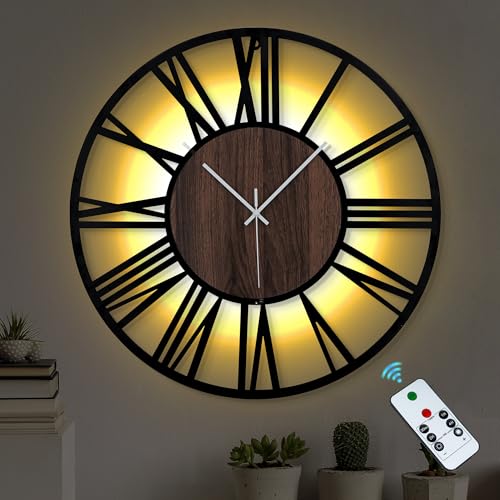 LEIKE 20'' Large Wall Clocks Battery Operated - Led Lighted Vintage Wood Non Ticking Wall Clock with Remote Timer for Living Room, Office, Bedroom, Farmhouse, Home Modern Decor, Large Number Display - color: Brown-roman, size: 20 Inch