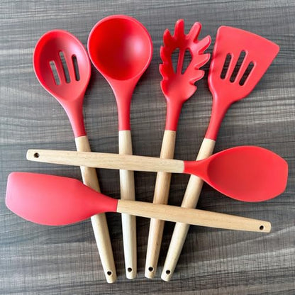 Kitchen Cooking Utensils Set 6Pcs Heat Resistant Silicone Kitchen Utensils Spatula Spoon Turner Ladle w Wooden Handle, BPA FREE Silicone Cooking Tool Gadget Set for Nonstick Cookware & Baking - color: Red, size: Standard 6-Piece Set