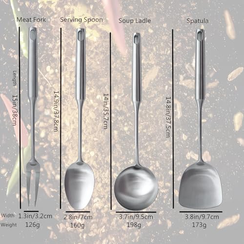 304 Stainless Steel Cooking Utensils Set 4 Piece 15 Inch Large Size Metal Kitchen Utensils Set Including Spatula,Ladle,Serving Spoon,Meat Fork,Stainless Steel Cooking Tools - size: 4 Piece utensils(spoon and fork set)