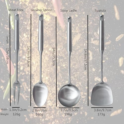 304 Stainless Steel Cooking Utensils Set 4 Piece 15 Inch Large Size Metal Kitchen Utensils Set Including Spatula,Ladle,Serving Spoon,Meat Fork,Stainless Steel Cooking Tools - size: 4 Piece utensils(spoon and fork set)