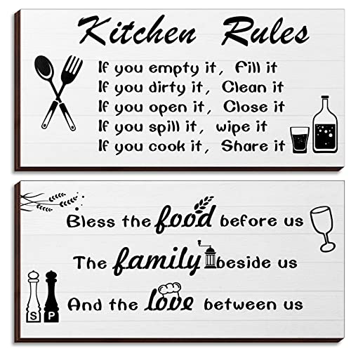 2 Pcs Kitchen Rules Wall Decor Farmhouse Kitchen Sign Wooden Dining Room Decor Black and White Hanging for Rustic Modern Bathroom