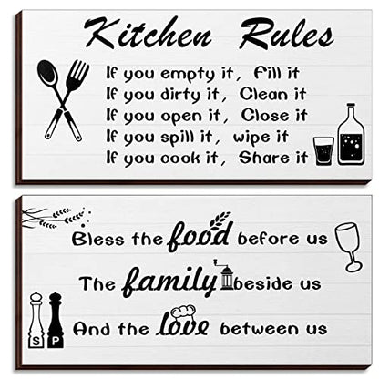 2 Pcs Kitchen Rules Wall Decor Farmhouse Kitchen Sign Wooden Dining Room Decor Black and White Hanging for Rustic Modern Bathroom