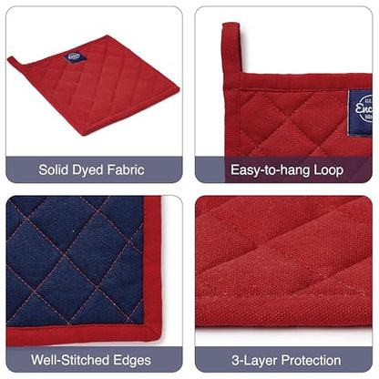 Encasa XO Pot Holders, Quilted Kitchen Hot Pads 8"x8" Red | 100% Heavyweight Cotton | Quilted Insulation | Multipurpose Trivets & Hot Pads | Hanging Loop | Set of 2 - color: Red
