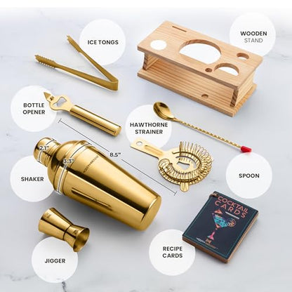 Cocktail Shaker Set - Bartender Kit with Pine Stand | Leak-Proof Design | Includes Martini Shaker, Jigger, Strainer, Spoon, Tongs | Perfect Bar Tools Gift for Home Mixology (Gold) - color: Gold / Light Stand, size: 8 Pieces