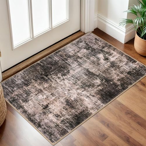 Small Abstract Area Rug 2x3 Ft Entryway Rugs Washable Door Mat Indoor Entrance, Rubber Backed Throw Rugs, Printed Faux Wool Non Slip Floor Carpet for Foyer Front Door Sink, Brown/Rust - color: Brown/Rust, size: 2' x 3' (Rectangular)