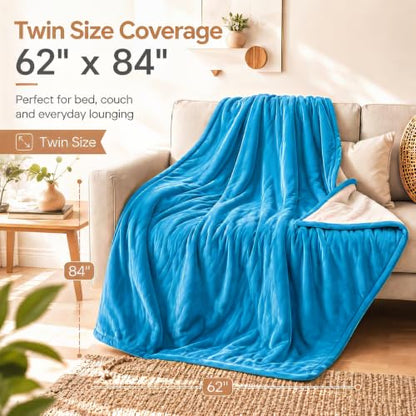 Electric Heated Blanket, Twin 62 x 84 in, Sea Breeze Blue | 6 heat settings | 1-10-hour timer | Flannel and Sherpa| dual-sided comfort | machine washable | ETL certified - color: C-bright Blue, size: 62x84inches-Twin
