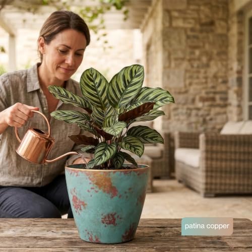 Vogue Resin Planter, Pottery Finish Garden Pot, 8” Patina Copper | Hand-Painted Finish Plant Pots, Lightweight Indoor Outdoor Planter, UV-Resistant, Great for Patio, Home & Garden Decor Accent