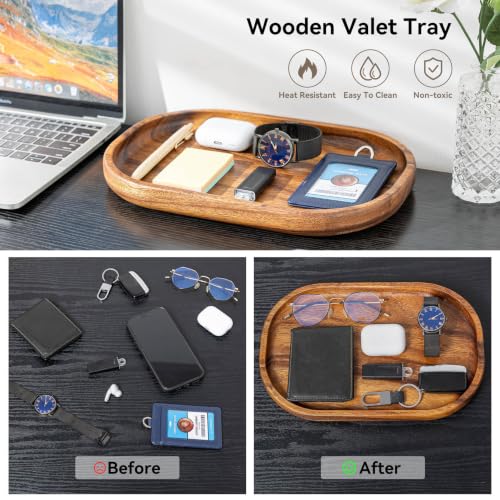 Acacia Oval Wooden Valet Tray for Men Women, Acacia Wood Serving Tray Key Dump Bedside Nightstand Dresser Organizer EDC Catch All Decorative Wooden Tray for Phone Wallet Keys Jewelry (12 x 7.9 Inch)