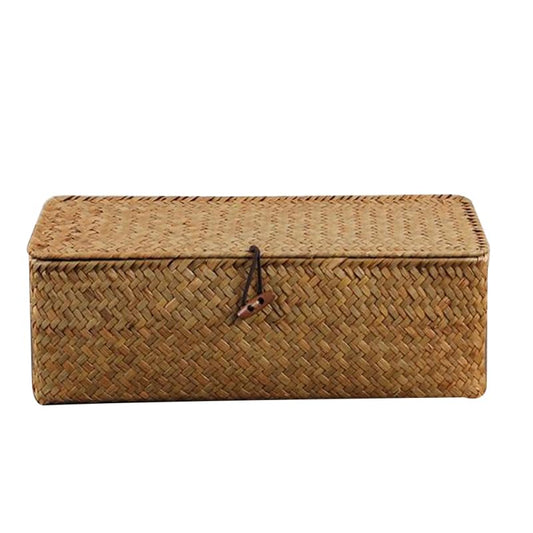 Wicker Storage Basket with Lid Straw Woven Basket Desktop Organizer for Cosmetics Sundries Living Room Bedroom Office Decor 12.59 X 4.72 X 4.33 in - color: Light Brown