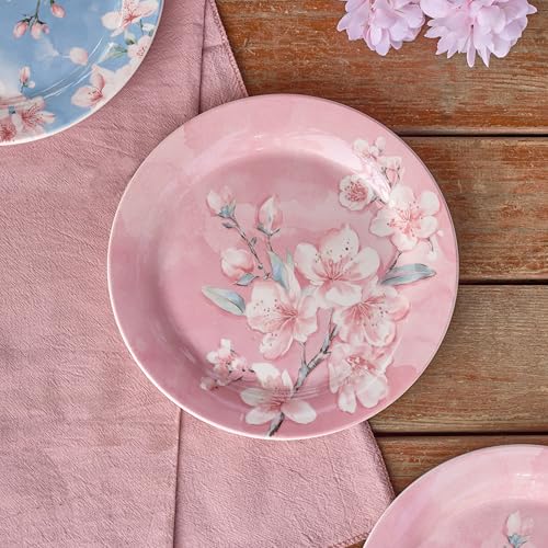 Bico Spring Sakura Salad Plates Set of 4, 8.75 Inch Ceramic Dessert Plates for Salad, Appetizer, Side Dishes, Microwave and Dishwasher Safe, Gift for Housewarming and Thanksgiving - color: Spring Sakura