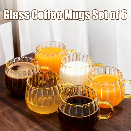 Viovian 12oz Clear Glass Coffee Mugs Set of 6 Ribbed Coffee Cups With Handles Modern Cute Glass Tea Mug Cup for Hot Beverage/Cappuccino/Latte/Cereal/Yogurt/Mocha/Milk - color: ribbed glass mug set of 6