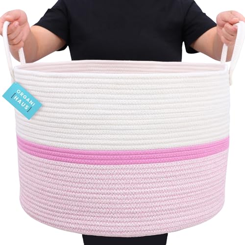 OrganiHaus Round Toy Basket & Blanket Basket, Cotton Rope 20x13" | Striped Pink - Round Cotton Rope Basket, 20x13" - color: Striped Pink, size: Wide