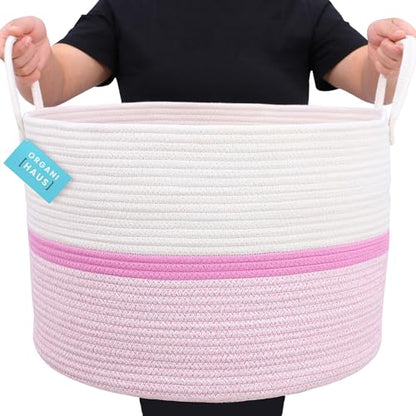 OrganiHaus Round Toy Basket & Blanket Basket, Cotton Rope 20x13" | Striped Pink - Round Cotton Rope Basket, 20x13" - color: Striped Pink, size: Wide