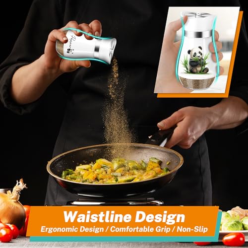 Panda Salt and Pepper Shakers - 4 oz Glass Set with Stainless Steel Lids | Eating Panda Design with Glass Bottoms and Stainless Steel Lids Adds Playful Style to Kitchens and Makes Refilling Easy. - color: Panda Eatting