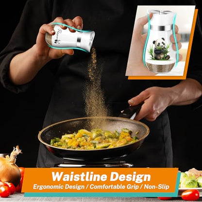 Panda Salt and Pepper Shakers - 4 oz Glass Set with Stainless Steel Lids | Eating Panda Design with Glass Bottoms and Stainless Steel Lids Adds Playful Style to Kitchens and Makes Refilling Easy. - color: Panda Eatting