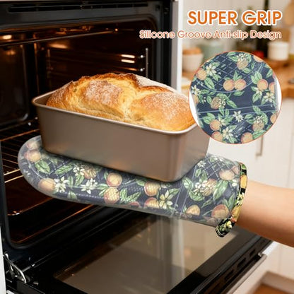Silicone Oven Mitts Set Heat Resistant 2PCS Kitchen Mittens with Soft Cotton Lining Long Waterproof Non-Slip Oven Gloves for Cooking, BBQ, Baking-Orange - color: Orange