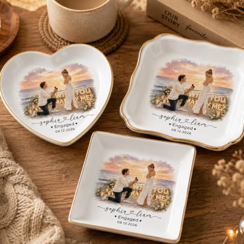LullabyMall Luxury Custom Photo Watercolor Couple Portrait Ring Dish, Customized Engagement Ring Holder, Bride Jewelry Tray, Wedding Gifts for Bride 3 - color: Square