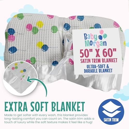 Thermal Knit Throw Blanket Satin Trim Pastel Balloon 50"x60" | Adult throw blanket with soft lightweight waffle knit design, satin trim & breathable layer for couch, bed & living room use. - color: Pastel Balloon Multi - Satin Trim