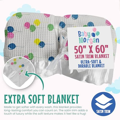 Thermal Knit Throw Blanket Satin Trim Pastel Balloon 50"x60" | Adult throw blanket with soft lightweight waffle knit design, satin trim & breathable layer for couch, bed & living room use. - color: Pastel Balloon Multi - Satin Trim