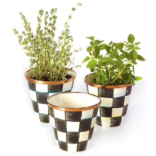 MACKENZIE-CHILDS Enamel Herb Pot Set, Small, Black-and-White Courtly Check | Hand-painted design, small plant pots for herbs or flowers, 8-ounce capacity per pot, set of 3 - color: Courtly Check