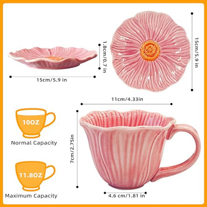 10 oz Tea Cups and Saucers, Ceramic Flower-shaped Cappuccino Cup, Latte Cup and Saucer set, elegant floral Espresso Cup set, Suitable for microwave and dishwasher-Pink - color: Pink