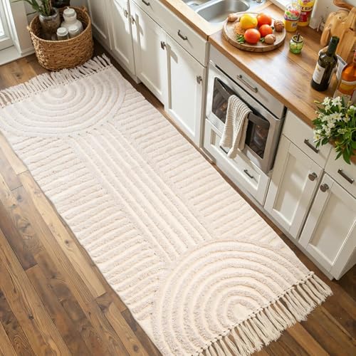Boho Rug Runners for Hallways Non Slip, Neutral Washable Bathroom Runner Rug Beige Tufted Woven Rainbow Rug with Tassels Kitchen Rugs, 2'x6' - color: Rainbow Cream, size: Runner(2'x6')