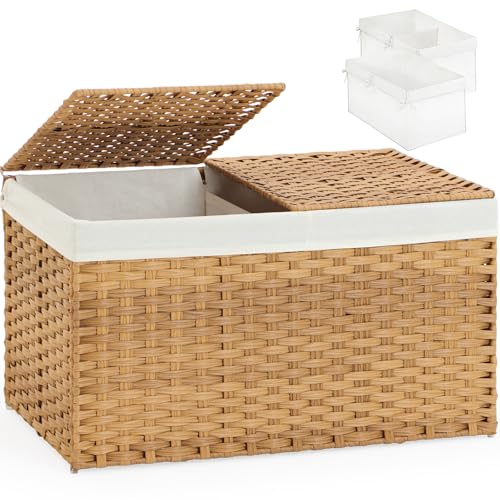 SETVSON Storage Basket with Lid Rattan Woven Storage Baskets with 2 Separate Lids, 17.2 Gallon (65 L), 22 x 13 x 13.8 Inches,Foldable, 2 Removable Liner Bags Handles for Bedroom, Laundry Room Natural - color: Natural, size: 65L-22L*13W*13.8H