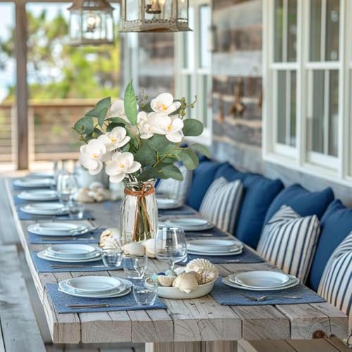 White Orchids Artificial Flowers with Vase Fake Flowers in Vase Artificial Eucalyptus Stems in Glass Vases with Faux Water Faux Orchid with Eucalyptus Leaves Arrangement for Dining Table Centerpiece - color: White & Clear Vase