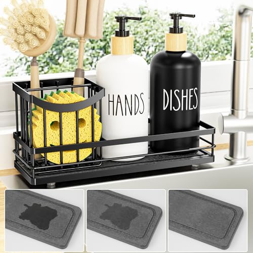 Moforoco Kitchen Dish Soap Dispenser Set, 16OZ Glass Bottle, Hand and Dish Soap Dispenser Set, Instant Dry Tray, Brush Holder with Smiley Face Sponge Holder (Universal Black Tray+Black&White Bottle) - color: Universal Black Tray+black&white Bottle