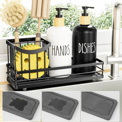 Moforoco Kitchen Dish Soap Dispenser Set, 16OZ Glass Bottle, Hand and Dish Soap Dispenser Set, Instant Dry Tray, Brush Holder with Smiley Face Sponge Holder (Universal Black Tray+Black&White Bottle) - color: Universal Black Tray+black&white Bottle