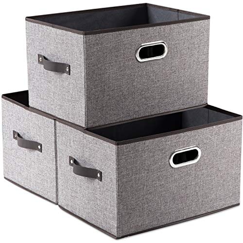 Larger Collapsible Storage Bins for Closet [3-pack] Decorative Linen Fabric Storage Baskets Cubes with Leather/Metal Handles for Living Room Cloth Grey and Black Trim (17.3x12.2x10.4 Inch) - color: Grey&black Trim, size: Jumbo(3-Pack)