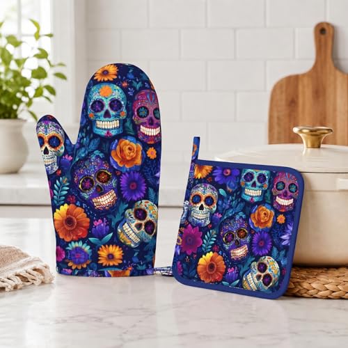 Day of The Dead Oven Mitt and Pot Holder with Silicone Heat Resistant Kitchen for Cooking BBQ Baking Grilling Cooking Protection - color: Day of the Dead