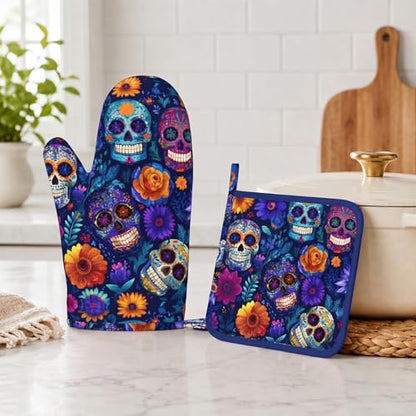 Day of The Dead Oven Mitt and Pot Holder with Silicone Heat Resistant Kitchen for Cooking BBQ Baking Grilling Cooking Protection - color: Day of the Dead
