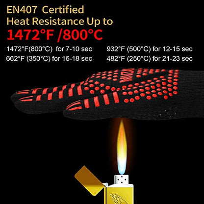 BBQ Grill Gloves, 1472°F Heat Resistant | Non-Slip Silicone, Washable, Long Protection for Kitchen, Cooking, Grilling, Baking