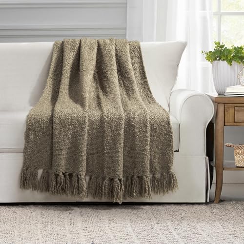 Lush Decor Tulum Boucle Textured Woven Fringed Throw Blanket Single 50" W x 60" L Neutral - Soft Cozy Blanket for Bed, Couch Or Chair - Modern Boho Home Decor