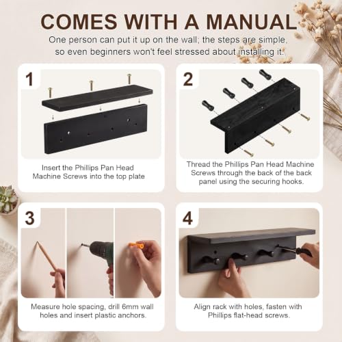 1 Pack Walnut Wood Entryway Coat Rack with Shelf & 4 Hooks