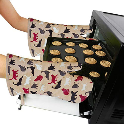 Oven Mitts 1 Pair, Non Slip Clear Silicone Printed Rooster Kitchen Gloves | Heat Resistant 480 ℉ Comfortable Cotton Lining Kitchen Men Cooking Barbecue Machine Washable (Cat, Khaki Mittens) - color: Cat, Khaki Mittens