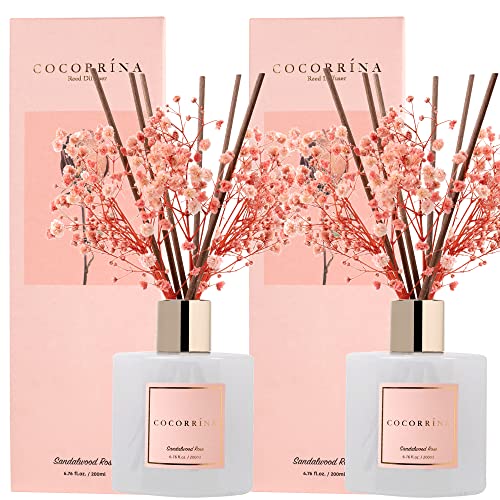 Premium Reed Diffuser Set with Preserved Baby's Breath & Cotton Stick Sandalwood Rose 2 Packs, 6.7oz Scent Fragrance Oil Diffuser for Bedroom Bathroom Home Décor - size: 6.7 Ounce/2pack