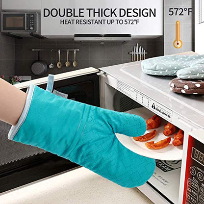 4Pcs Oven Mitts and Pot Holders Set, 572F Heat Resistant Oven Glove, Soft Cotton Lining with Non-Slip Surface for Kitchen Baking BBQ (Turquoise) - color: Turquoise