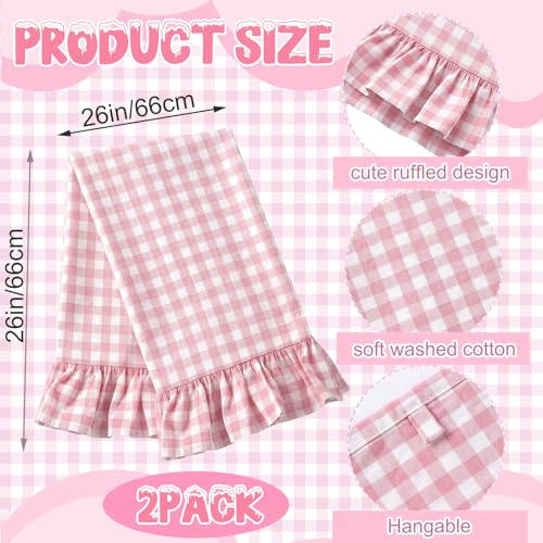 HunnmingRe Light Pink Kitchen Towels Set of 2, 100% Cotton Ruffled Gingham Dish Towels 18"x28" Absorbent Tea Cloths Classic Plaid Pattern for Farmhouse Charm, Drying Dishes, Entertaining Guests - color: Light Pink, style: Gingham